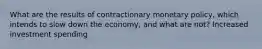 What are the results of contractionary monetary policy, which intends to slow down the economy, and what are not? Increased investment spending