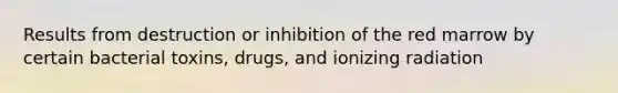 Results from destruction or inhibition of the red marrow by certain bacterial toxins, drugs, and ionizing radiation