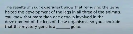 The results of your experiment show that removing the gene halted the development of the legs in all three of the animals. You know that more than one gene is involved in the development of the legs of these organisms, so you conclude that this mystery gene is a _______ gene.