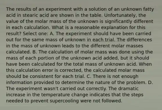 The results of an experiment with a solution of an unknown fatty acid in stearic acid are shown in the table. Unfortunately, the value of the molar mass of the unknown is significantly different in each calculation. What is a reasonable explanation for this result? Select one: A. The experiment should have been carried out for the same mass of unknown in each trial. The differences in the mass of unknown leads to the different molar masses calculated. B. The calculation of molar mass was done using the mass of each portion of the unknown acid added, but it should have been calculated for the total mass of unknown acid. When this calculation error is corrected, the calculated molar mass should be consistent for each trial. C. There is not enough information provided to determine the nature of the problem. D. The experiment wasn't carried out correctly. The dramatic increase in the temperature change indicates that the steps needed to prevent supercooling were not followed.