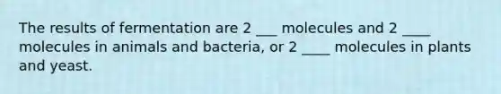 The results of fermentation are 2 ___ molecules and 2 ____ molecules in animals and bacteria, or 2 ____ molecules in plants and yeast.