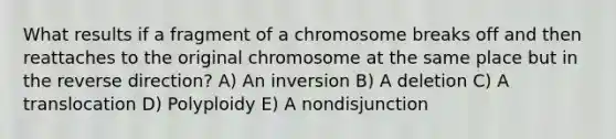 What results if a fragment of a chromosome breaks off and then reattaches to the original chromosome at the same place but in the reverse direction? A) An inversion B) A deletion C) A translocation D) Polyploidy E) A nondisjunction