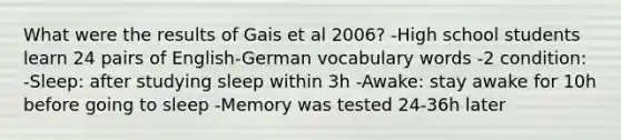 What were the results of Gais et al 2006? -High school students learn 24 pairs of English-German vocabulary words -2 condition: -Sleep: after studying sleep within 3h -Awake: stay awake for 10h before going to sleep -Memory was tested 24-36h later