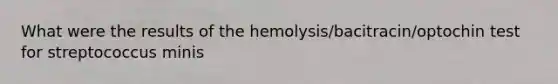 What were the results of the hemolysis/bacitracin/optochin test for streptococcus minis