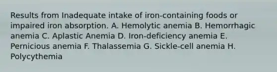 Results from Inadequate intake of iron-containing foods or impaired iron absorption. A. Hemolytic anemia B. Hemorrhagic anemia C. Aplastic Anemia D. Iron-deficiency anemia E. Pernicious anemia F. Thalassemia G. Sickle-cell anemia H. Polycythemia