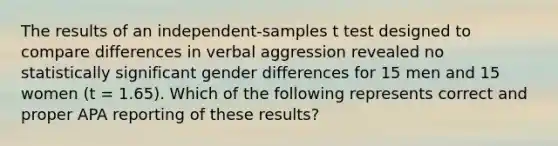 The results of an independent-samples t test designed to compare differences in verbal aggression revealed no statistically significant gender differences for 15 men and 15 women (t = 1.65). Which of the following represents correct and proper APA reporting of these results?