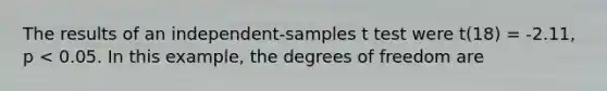 The results of an independent-samples t test were t(18) = -2.11, p < 0.05. In this example, the degrees of freedom are