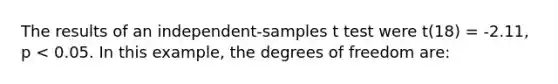 The results of an independent-samples t test were t(18) = -2.11, p < 0.05. In this example, the degrees of freedom are: