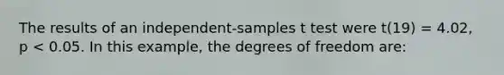 The results of an independent-samples t test were t(19) = 4.02, p < 0.05. In this example, the degrees of freedom are: