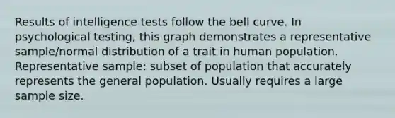 Results of <a href='https://www.questionai.com/knowledge/kbdP4YrASs-intelligence-tests' class='anchor-knowledge'>intelligence tests</a> follow the bell curve. In psychological testing, this graph demonstrates a representative sample/<a href='https://www.questionai.com/knowledge/kAWrSRJhNt-normal-distribution' class='anchor-knowledge'>normal distribution</a> of a trait in human population. Representative sample: subset of population that accurately represents the general population. Usually requires a large <a href='https://www.questionai.com/knowledge/km2eMbMMqT-sample-size' class='anchor-knowledge'>sample size</a>.