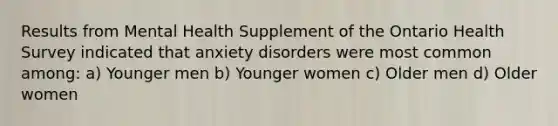 Results from Mental Health Supplement of the Ontario Health Survey indicated that anxiety disorders were most common among: a) Younger men b) Younger women c) Older men d) Older women