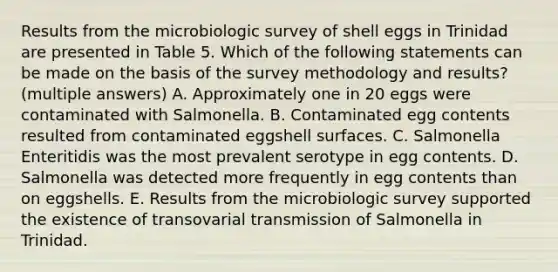 Results from the microbiologic survey of shell eggs in Trinidad are presented in Table 5. Which of the following statements can be made on the basis of the survey methodology and results? (multiple answers) A. Approximately one in 20 eggs were contaminated with Salmonella. B. Contaminated egg contents resulted from contaminated eggshell surfaces. C. Salmonella Enteritidis was the most prevalent serotype in egg contents. D. Salmonella was detected more frequently in egg contents than on eggshells. E. Results from the microbiologic survey supported the existence of transovarial transmission of Salmonella in Trinidad.