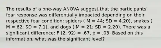 The results of a one-way ANOVA suggest that the participants' fear response was differentially impacted depending on their respective fear condition: spiders ( M = 44; SD = 4.20), snakes ( M = 62; SD = 7.1), and dogs ( M = 21; SD = 2.20). There was a significant difference: F (2, 92) = .67, p = .03. Based on this information, what was the significant level?