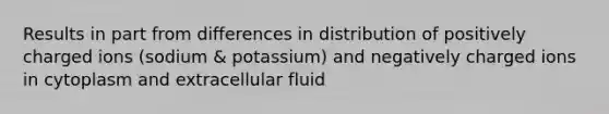 Results in part from differences in distribution of positively charged ions (sodium & potassium) and negatively charged ions in cytoplasm and extracellular fluid