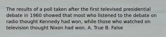 The results of a poll taken after the first televised presidential debate in 1960 showed that most who listened to the debate on radio thought Kennedy had won, while those who watched on television thought Nixon had won. A. True B. False