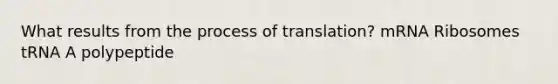 What results from the process of translation? mRNA Ribosomes tRNA A polypeptide