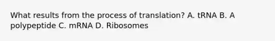 What results from the process of translation? A. tRNA B. A polypeptide C. mRNA D. Ribosomes