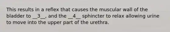 This results in a reflex that causes the muscular wall of the bladder to __3__, and the __4__ sphincter to relax allowing urine to move into the upper part of the urethra.