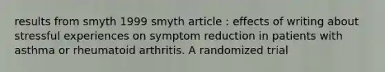 results from smyth 1999 smyth article : effects of writing about stressful experiences on symptom reduction in patients with asthma or rheumatoid arthritis. A randomized trial