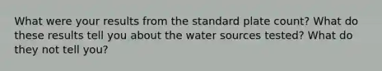 What were your results from the standard plate count? What do these results tell you about the water sources tested? What do they not tell you?