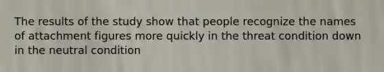 The results of the study show that people recognize the names of attachment figures more quickly in the threat condition down in the neutral condition