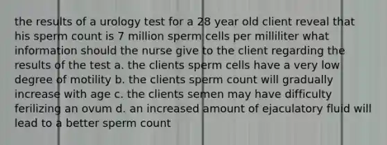 the results of a urology test for a 28 year old client reveal that his sperm count is 7 million sperm cells per milliliter what information should the nurse give to the client regarding the results of the test a. the clients sperm cells have a very low degree of motility b. the clients sperm count will gradually increase with age c. the clients semen may have difficulty ferilizing an ovum d. an increased amount of ejaculatory fluid will lead to a better sperm count