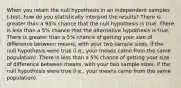 When you retain the null hypothesis in an independent samples t-test, how do you statistically interpret the results? There is greater than a 95% chance that the null hypothesis is true. There is less than a 5% chance that the alternative hypothesis is true. There is greater than a 5% chance of getting your size of difference between means, with your two sample sizes, if the null hypothesis were true (i.e., your means came from the same population). There is less than a 5% chance of getting your size of difference between means, with your two sample sizes, if the null hypothesis were true (i.e., your means came from the same population).