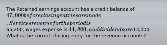 The Retained earnings account has a credit balance of 47,000 before closing entries are made. Services revenue for the period is65,200, wages expense is 44,800, and dividends are13,000. What is the correct closing entry for the revenue accounts?