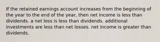 If the retained earnings account increases from the beginning of the year to the end of the year, then net income is less than dividends. a net loss is less than dividends. additional investments are less than net losses. net income is greater than dividends.