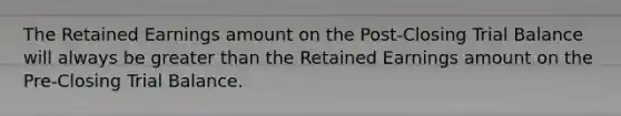 The Retained Earnings amount on the Post-Closing Trial Balance will always be greater than the Retained Earnings amount on the Pre-Closing Trial Balance.