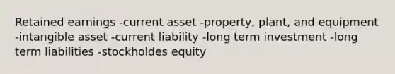 Retained earnings -current asset -property, plant, and equipment -intangible asset -current liability -long term investment -long term liabilities -stockholdes equity