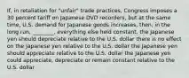 If, in retaliation for "unfair" trade practices, Congress imposes a 30 percent tariff on Japanese DVD recorders, but at the same time, U.S. demand for Japanese goods increases, then, in the long run, ________, everything else held constant. the Japanese yen should depreciate relative to the U.S. dollar there is no effect on the Japanese yen relative to the U.S. dollar the Japanese yen should appreciate relative to the U.S. dollar the Japanese yen could appreciate, depreciate or remain constant relative to the U.S. dollar