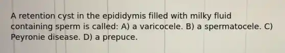 A retention cyst in the epididymis filled with milky fluid containing sperm is called: A) a varicocele. B) a spermatocele. C) Peyronie disease. D) a prepuce.