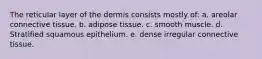 The reticular layer of the dermis consists mostly of: a. areolar connective tissue. b. adipose tissue. c. smooth muscle. d. Stratified squamous epithelium. e. dense irregular connective tissue.