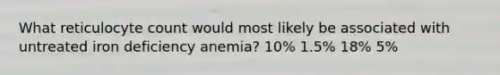 What reticulocyte count would most likely be associated with untreated iron deficiency anemia? 10% 1.5% 18% 5%