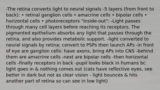 -The retina converts light to neural signals -5 layers (from front to back): • retinal ganglion cells • amacrine cells • bipolar cells • horizontal cells • photoreceptors "Inside-out": -Light passes through many cell layers before reaching its receptors. The pigmented epithelium absorbs any light that passes through the retina, and also provides metabolic support. -light converted to neural signals by retina; convert to PSPs then launch APs -in front of eye are ganglion cells: have axons, bring APs into CNS -behind them are amacrine cells -next are bipolar cells -then horizontal cells -finally receptors in back -pupil looks black in humans bc light goes in & nothing comes out (cats have reflective eyes, see better in dark but not as clear vision - light bounces & hits another part of retina so can see in low light)