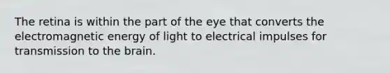 The retina is within the part of the eye that converts the electromagnetic energy of light to electrical impulses for transmission to the brain.