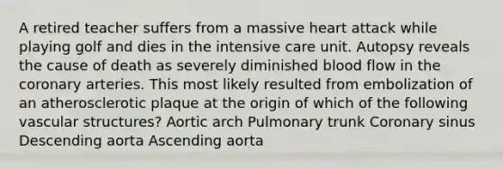 A retired teacher suffers from a massive heart attack while playing golf and dies in the intensive care unit. Autopsy reveals the cause of death as severely diminished blood flow in the coronary arteries. This most likely resulted from embolization of an atherosclerotic plaque at the origin of which of the following vascular structures? Aortic arch Pulmonary trunk Coronary sinus Descending aorta Ascending aorta