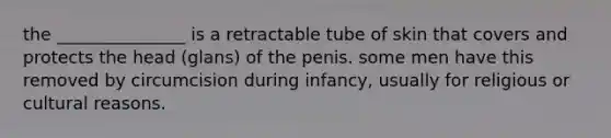 the _______________ is a retractable tube of skin that covers and protects the head (glans) of the penis. some men have this removed by circumcision during infancy, usually for religious or cultural reasons.