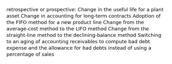 retrospective or​ prospective: Change in the useful life for a plant asset Change in accounting for long-term contracts Adoption of the FIFO method for a new product line Change from the average-cost method to the LIFO method Change from the straight-line method to the declining-balance method Switching to an aging of accounting receivables to compute bad debt expense and the allowance for bad debts instead of using a percentage of sales