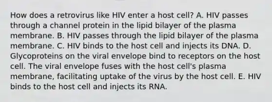 How does a retrovirus like HIV enter a host cell? A. HIV passes through a channel protein in the lipid bilayer of the plasma membrane. B. HIV passes through the lipid bilayer of the plasma membrane. C. HIV binds to the host cell and injects its DNA. D. Glycoproteins on the viral envelope bind to receptors on the host cell. The viral envelope fuses with the host cell's plasma membrane, facilitating uptake of the virus by the host cell. E. HIV binds to the host cell and injects its RNA.