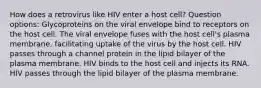 How does a retrovirus like HIV enter a host cell? Question options: Glycoproteins on the viral envelope bind to receptors on the host cell. The viral envelope fuses with the host cell's plasma membrane, facilitating uptake of the virus by the host cell. HIV passes through a channel protein in the lipid bilayer of the plasma membrane. HIV binds to the host cell and injects its RNA. HIV passes through the lipid bilayer of the plasma membrane.