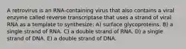 A retrovirus is an RNA-containing virus that also contains a viral enzyme called reverse transcriptase that uses a strand of viral RNA as a template to synthesize: A) surface glycoproteins. B) a single strand of RNA. C) a double strand of RNA. D) a single strand of DNA. E) a double strand of DNA.