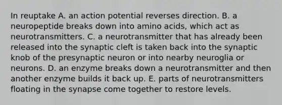 In reuptake A. an action potential reverses direction. B. a neuropeptide breaks down into amino acids, which act as neurotransmitters. C. a neurotransmitter that has already been released into the synaptic cleft is taken back into the synaptic knob of the presynaptic neuron or into nearby neuroglia or neurons. D. an enzyme breaks down a neurotransmitter and then another enzyme builds it back up. E. parts of neurotransmitters floating in the synapse come together to restore levels.