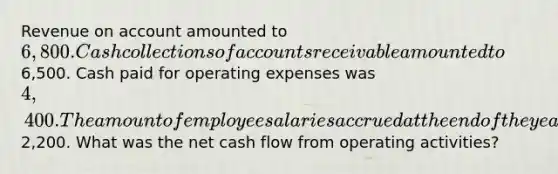 Revenue on account amounted to 6,800. Cash collections of accounts receivable amounted to6,500. Cash paid for operating expenses was 4,400. The amount of employee salaries accrued at the end of the year was2,200. What was the net cash flow from operating activities?