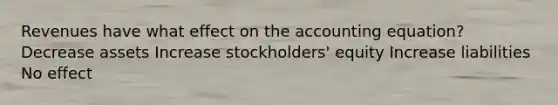 Revenues have what effect on <a href='https://www.questionai.com/knowledge/k7UJ6J5ODQ-the-accounting-equation' class='anchor-knowledge'>the accounting equation</a>? Decrease assets Increase stockholders' equity Increase liabilities No effect