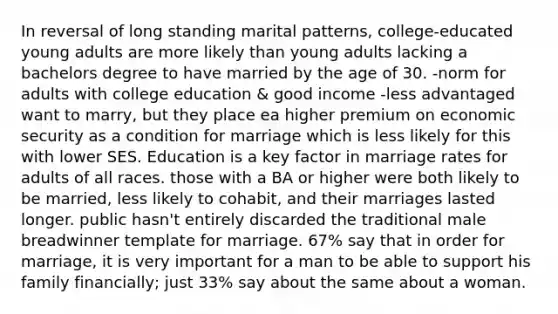 In reversal of long standing marital patterns, college-educated young adults are more likely than young adults lacking a bachelors degree to have married by the age of 30. -norm for adults with college education & good income -less advantaged want to marry, but they place ea higher premium on economic security as a condition for marriage which is less likely for this with lower SES. Education is a key factor in marriage rates for adults of all races. those with a BA or higher were both likely to be married, less likely to cohabit, and their marriages lasted longer. public hasn't entirely discarded the traditional male breadwinner template for marriage. 67% say that in order for marriage, it is very important for a man to be able to support his family financially; just 33% say about the same about a woman.