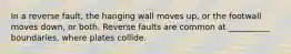 In a reverse fault, the hanging wall moves up, or the footwall moves down, or both. Reverse faults are common at __________ boundaries, where plates collide.