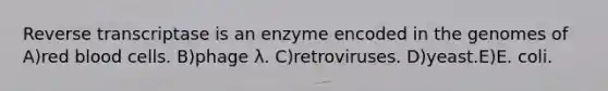 Reverse transcriptase is an enzyme encoded in the genomes of A)red blood cells. B)phage λ. C)retroviruses. D)yeast.E)E. coli.