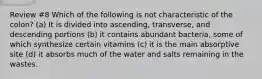 Review #8 Which of the following is not characteristic of the colon? (a) It is divided into ascending, transverse, and descending portions (b) it contains abundant bacteria, some of which synthesize certain vitamins (c) it is the main absorptive site (d) it absorbs much of the water and salts remaining in the wastes.